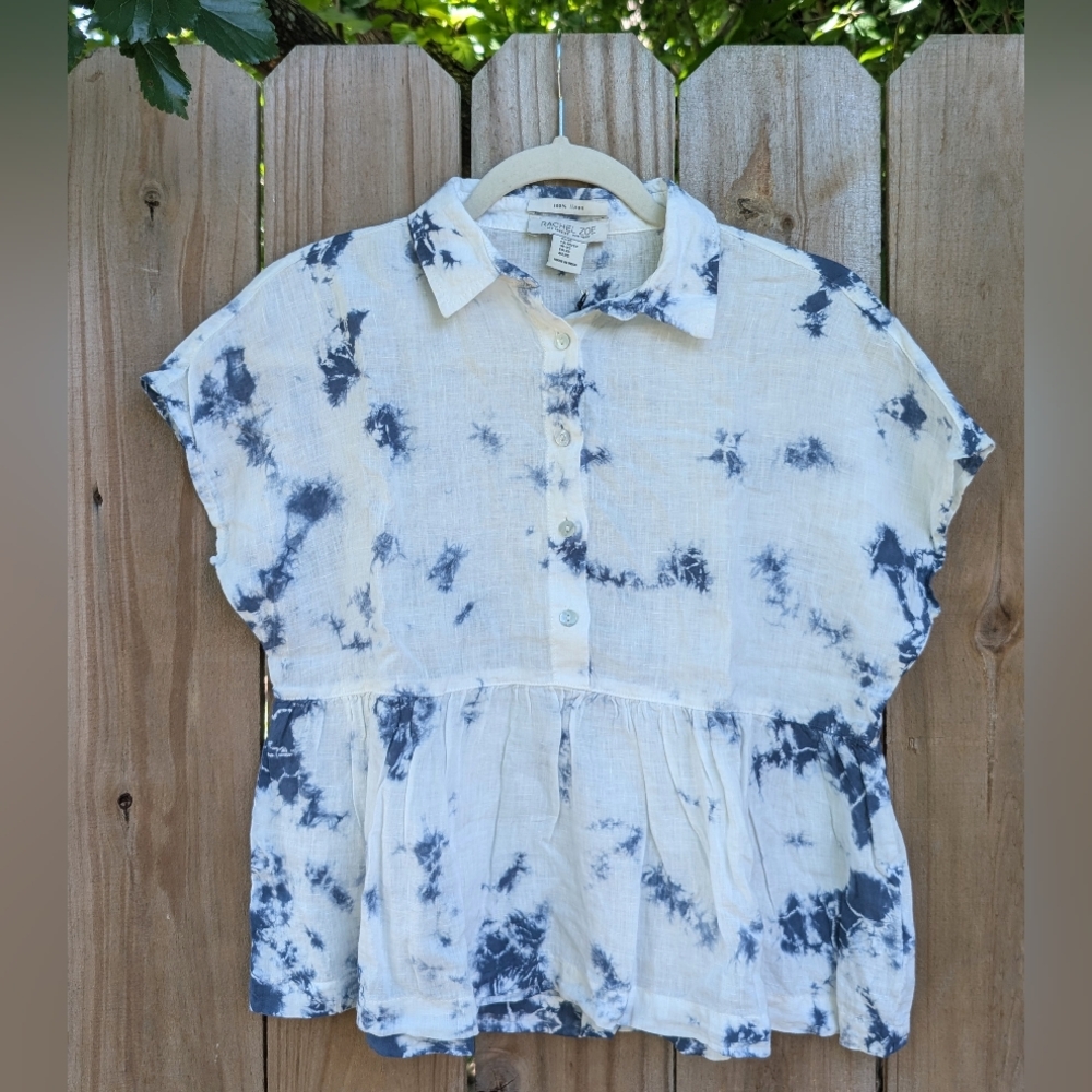 NWT Rachel Zoe blue and white tie-dye linen collared shirt